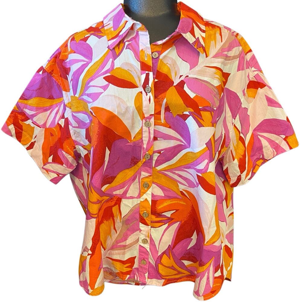 Kensie Jeans Women Tropical Floral Collared Button-Up Short Sleeve Cotton S